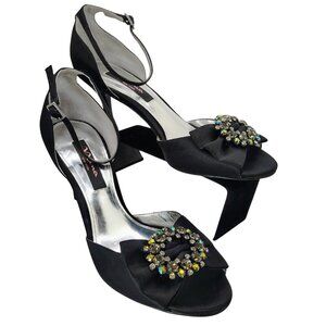 Nina New York Black Satin Rhinestone Ankle Strap Heels Size 8M